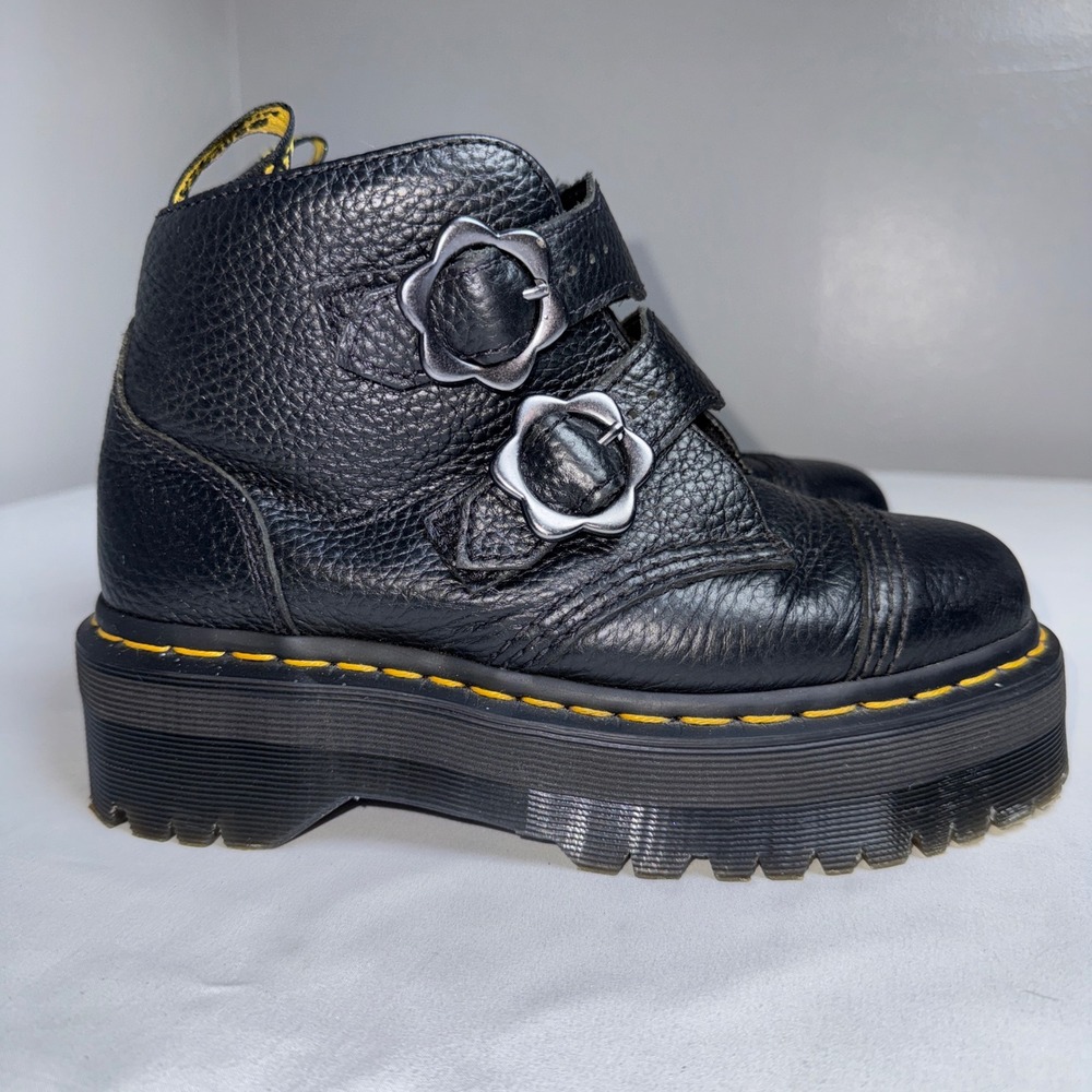 Dr. Martens Sz 6 Devon Flower Black Milled Nappa Leather Platform Buckle Boots